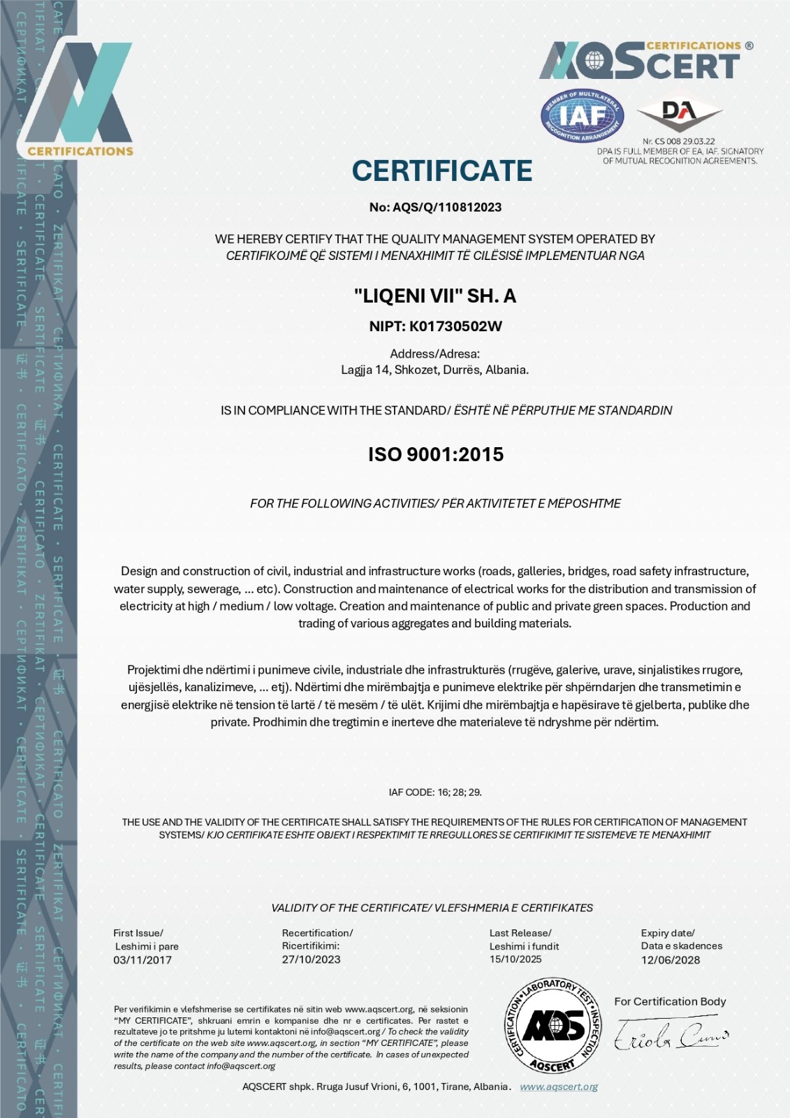 Certifikatë ISO
